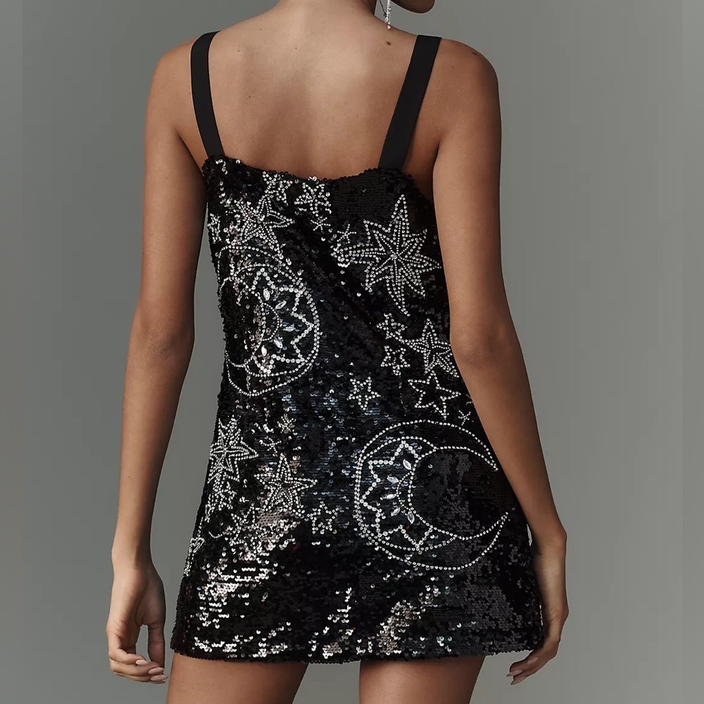 NWT ANTHROPOLOGIE SQUARE-NECK SEQUIN & RHINESTONE MINI SHIFT BLACK DRESS Sz: XXS - Picture 5 of 9